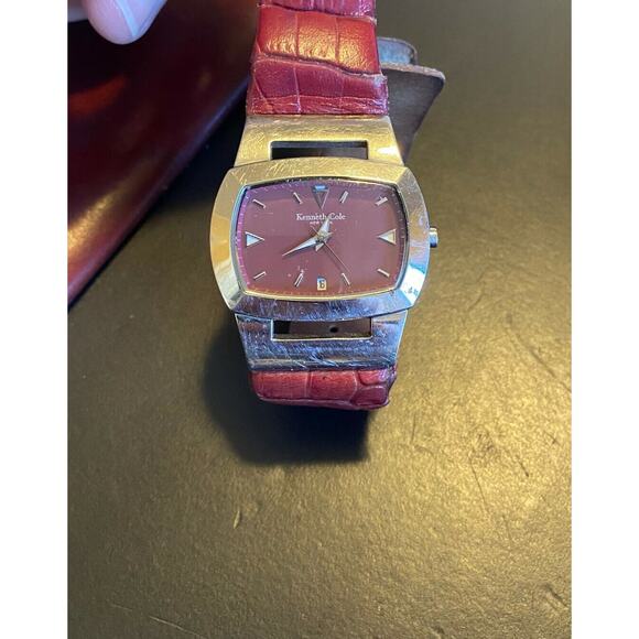 VTG Women's Kenneth Cole New York Watch, Silver Tone with Maroon Band and Face - Picture 2 of 3